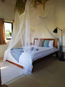Unwind in modern comfort: This stylish room includes a mosquito net for a worry-free night's sleep.
